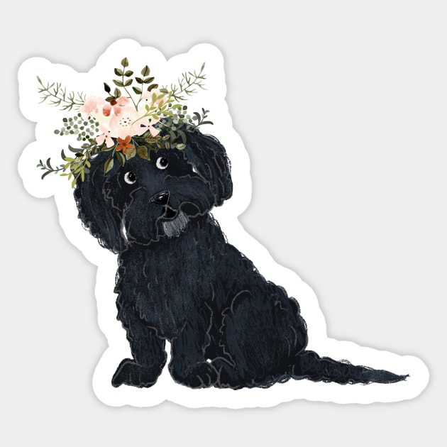 Black Dog with Flowers Sticker by Bridgett3602